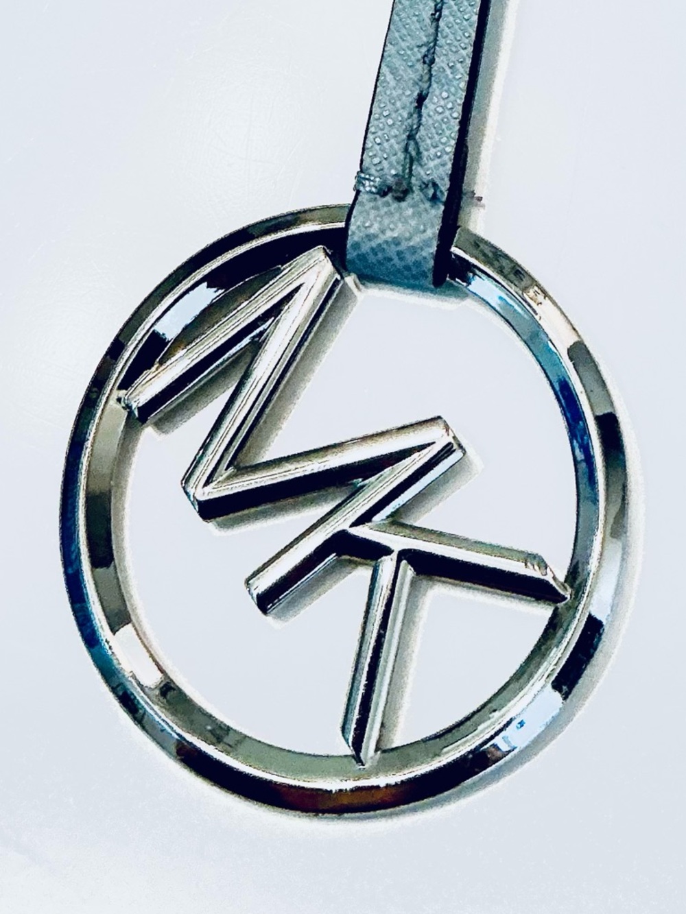 MICHAEL KORS, Silver MK Circle Keyring with Pale Blue Leather Strap